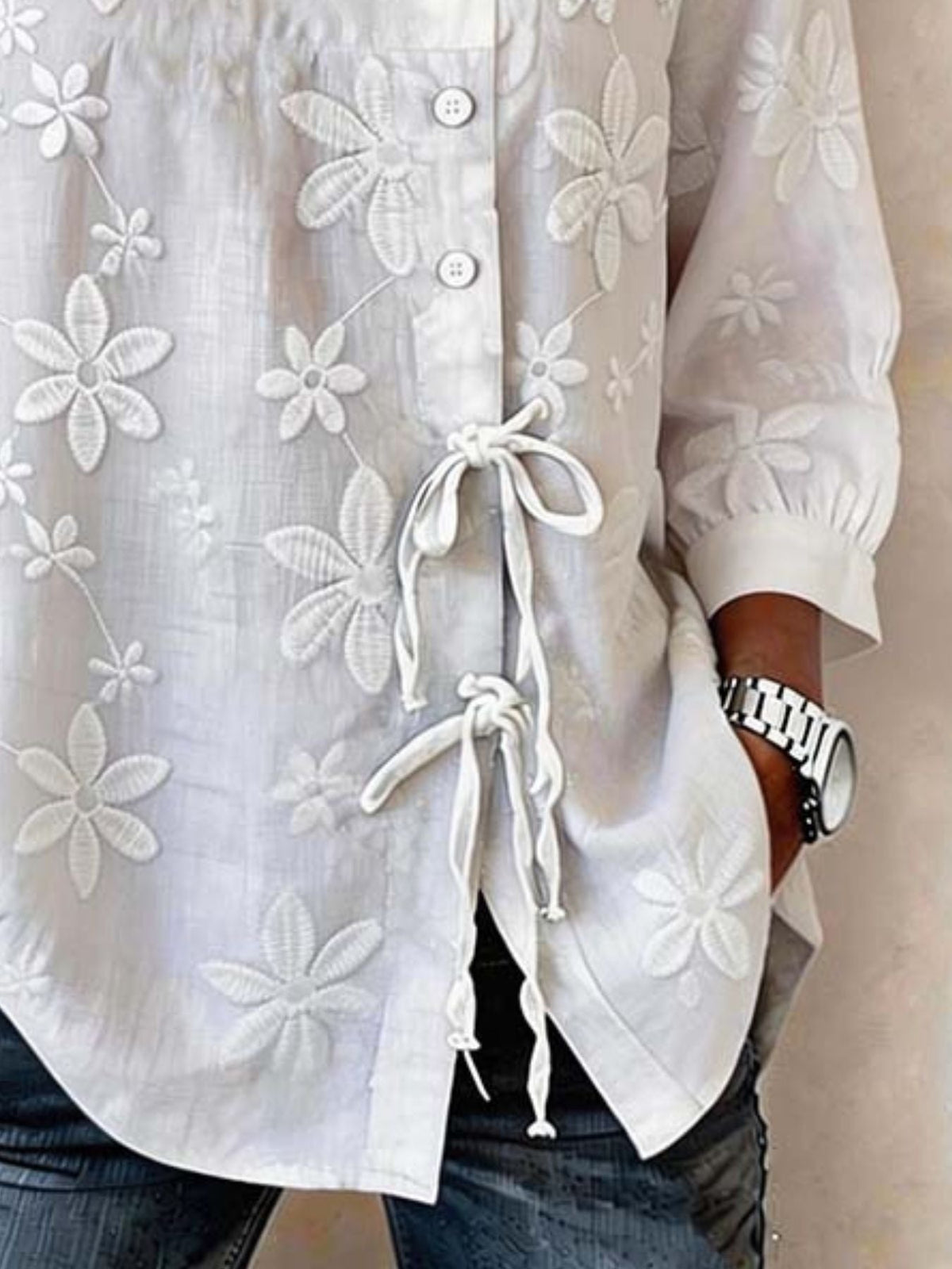 Full Size Floral Embroidered Button-Down Shirt Plus Size