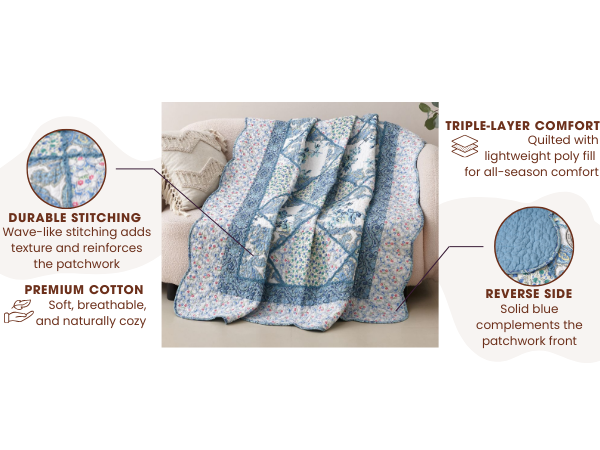 Tache Petal Dance White Blue FloralPatchwork Quilted Throw Blanket (JHW-646)
