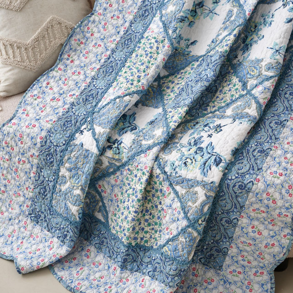 Tache Petal Dance White Blue FloralPatchwork Quilted Throw Blanket (JHW-646)