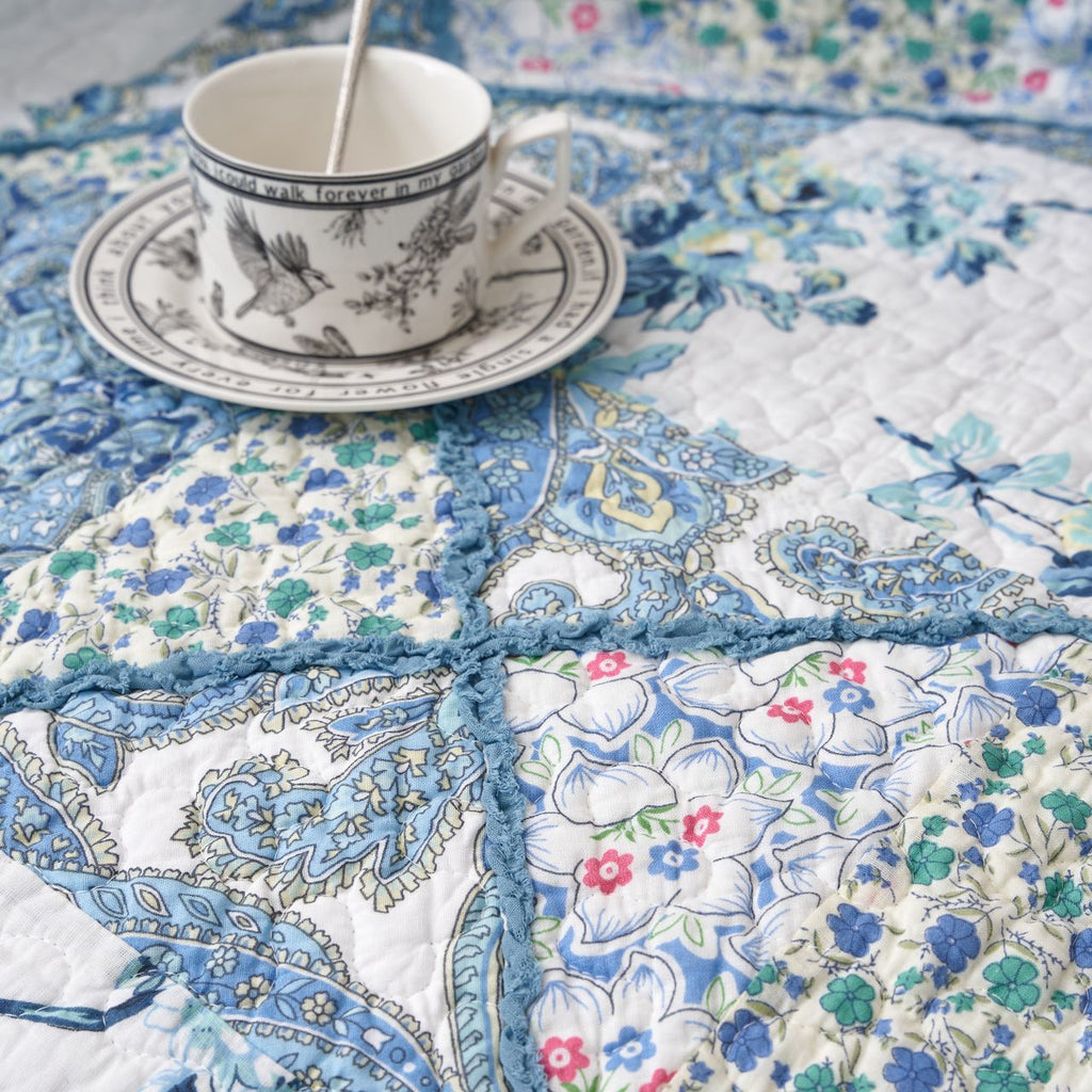 Tache Petal Dance White Blue FloralPatchwork Quilted Throw Blanket (JHW-646)