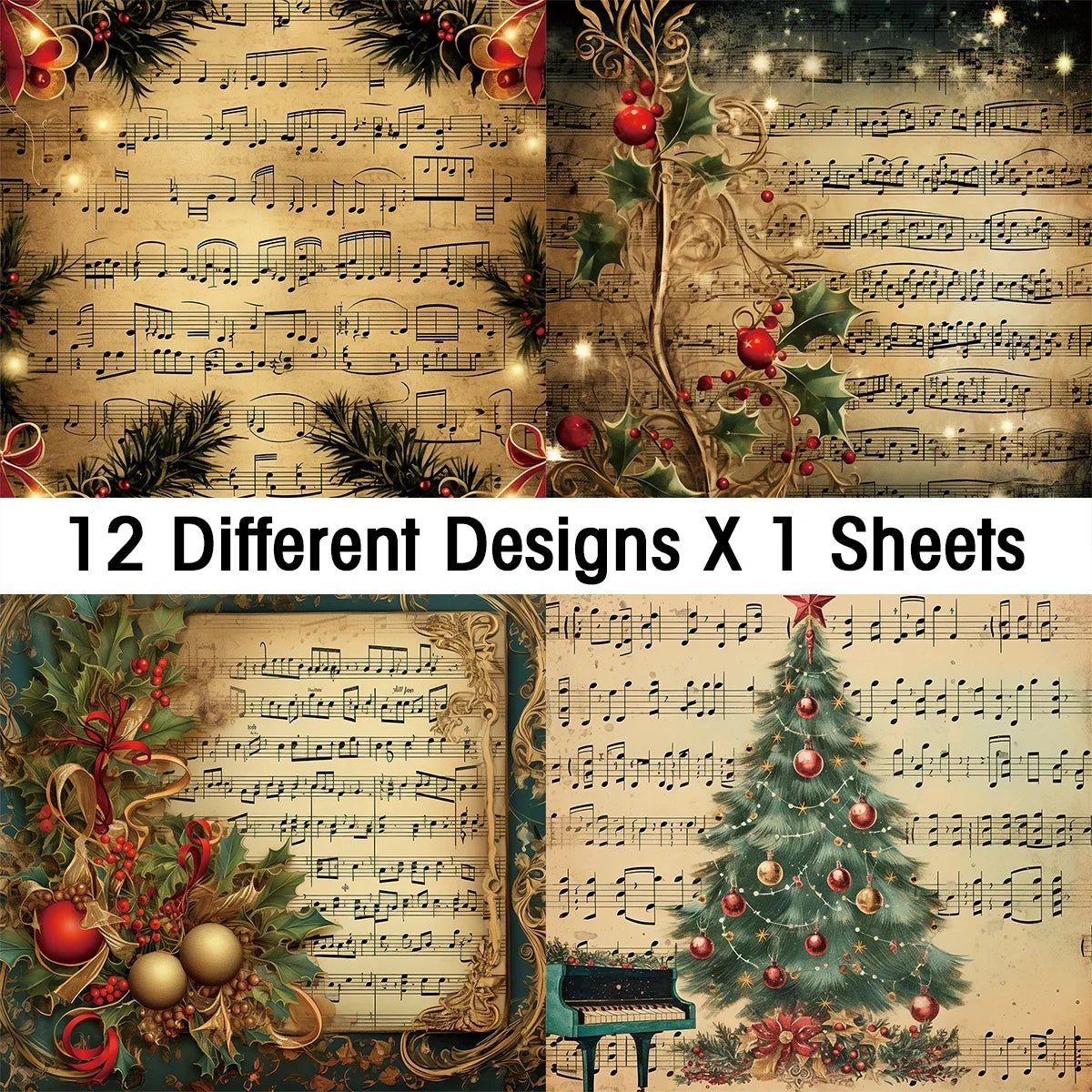 Vintage Christmas Sheet Music Scrapbook Paper 12 Sheets