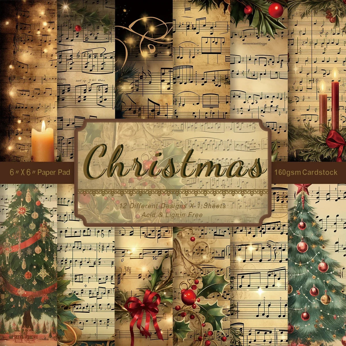 Vintage Christmas Sheet Music Scrapbook Paper 12 Sheets
