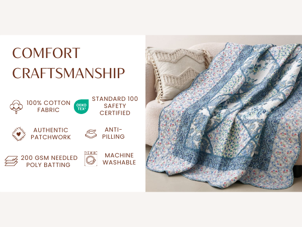 Tache Petal Dance White Blue FloralPatchwork Quilted Throw Blanket (JHW-646)