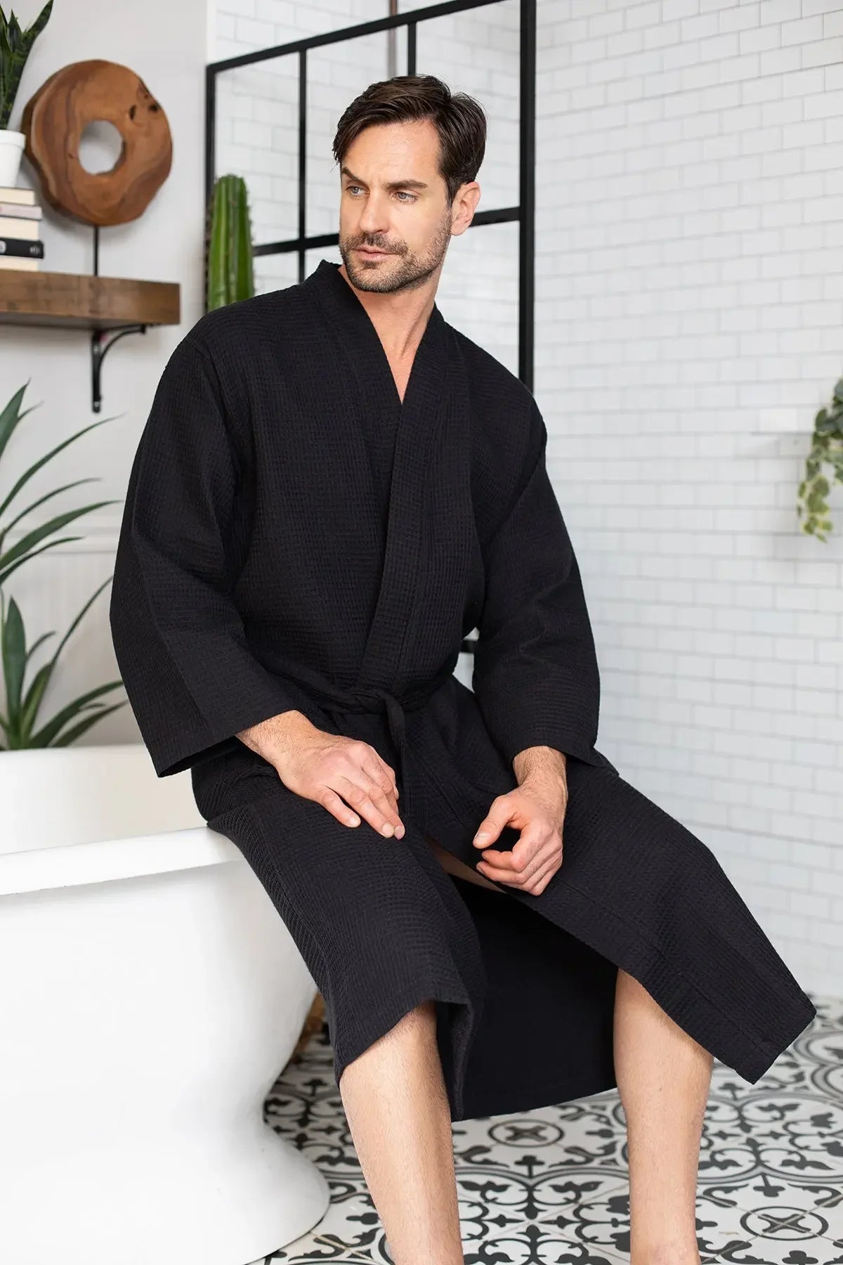 Waffle Spa Bathrobe for Men -  Absorbent, Lightweight