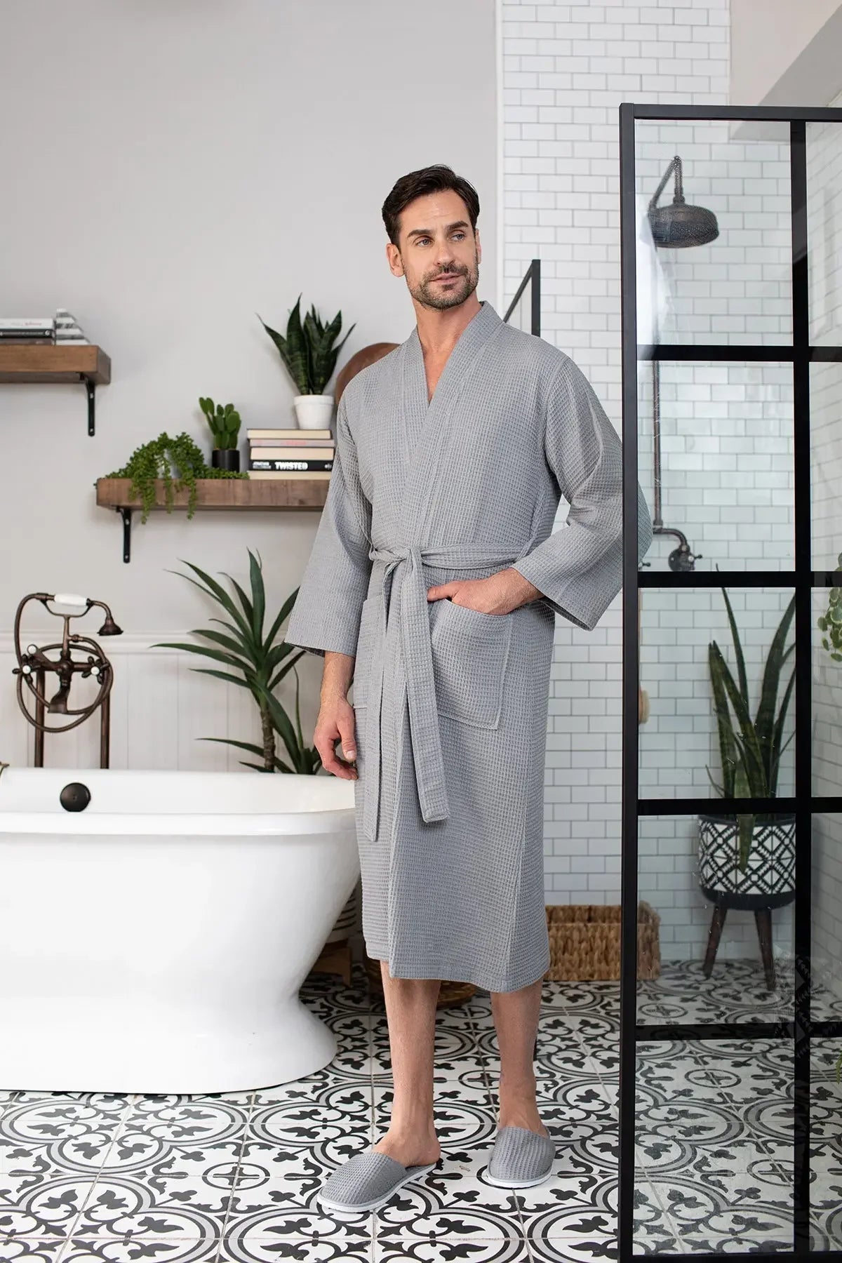 Waffle Spa Bathrobe for Men -  Absorbent, Lightweight