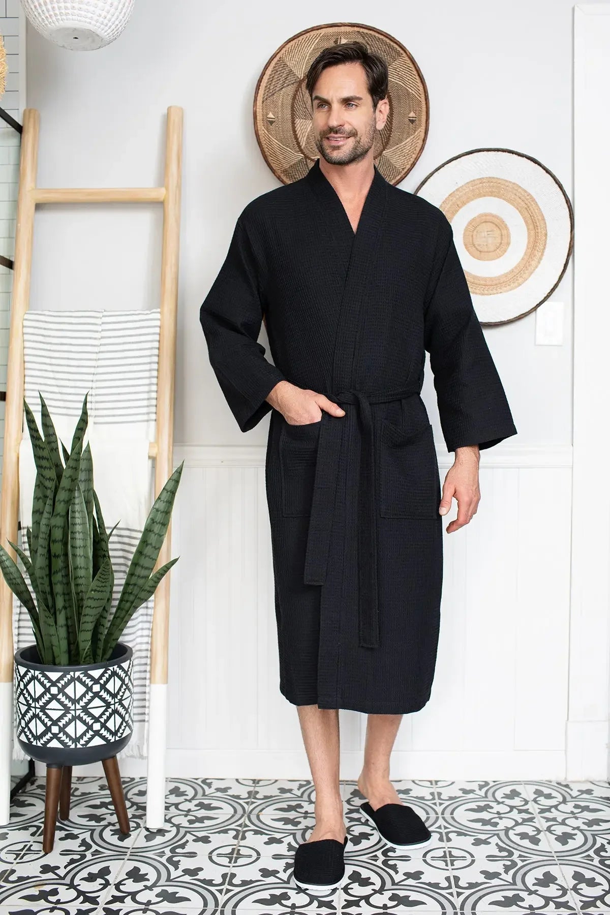 Waffle Spa Bathrobe for Men -  Absorbent, Lightweight