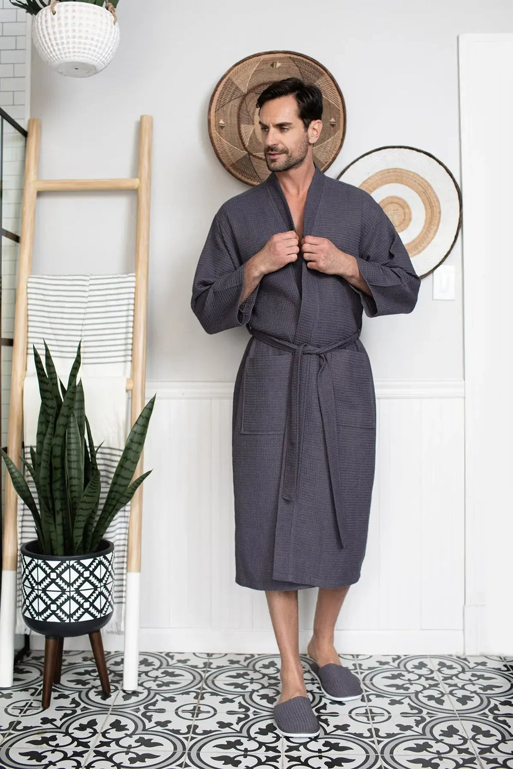 Waffle Spa Bathrobe for Men -  Absorbent, Lightweight