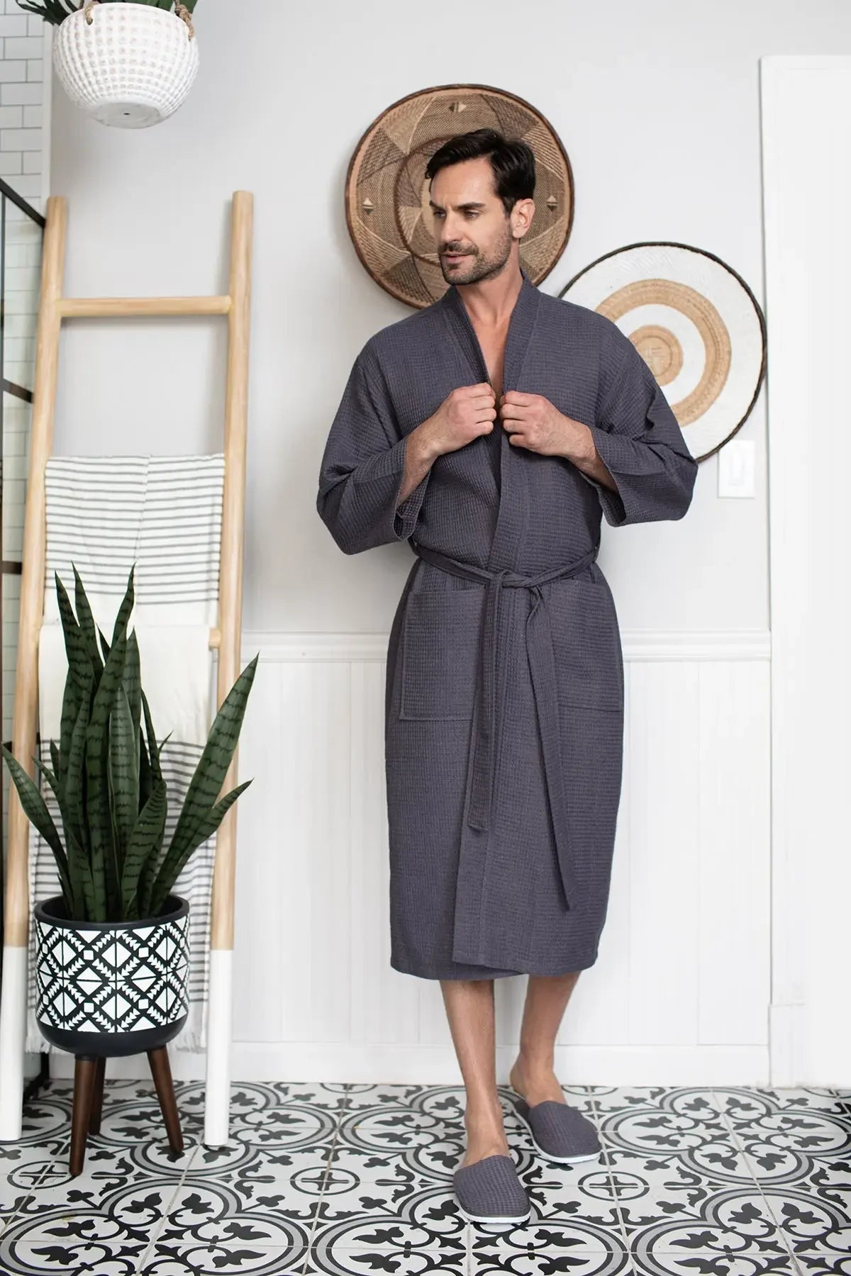 Waffle Spa Bathrobe for Men -  Absorbent, Lightweight